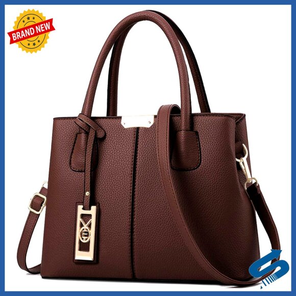 Handbags - PU Leather Tote Bag with Detachable Strap and Multiple Pockets